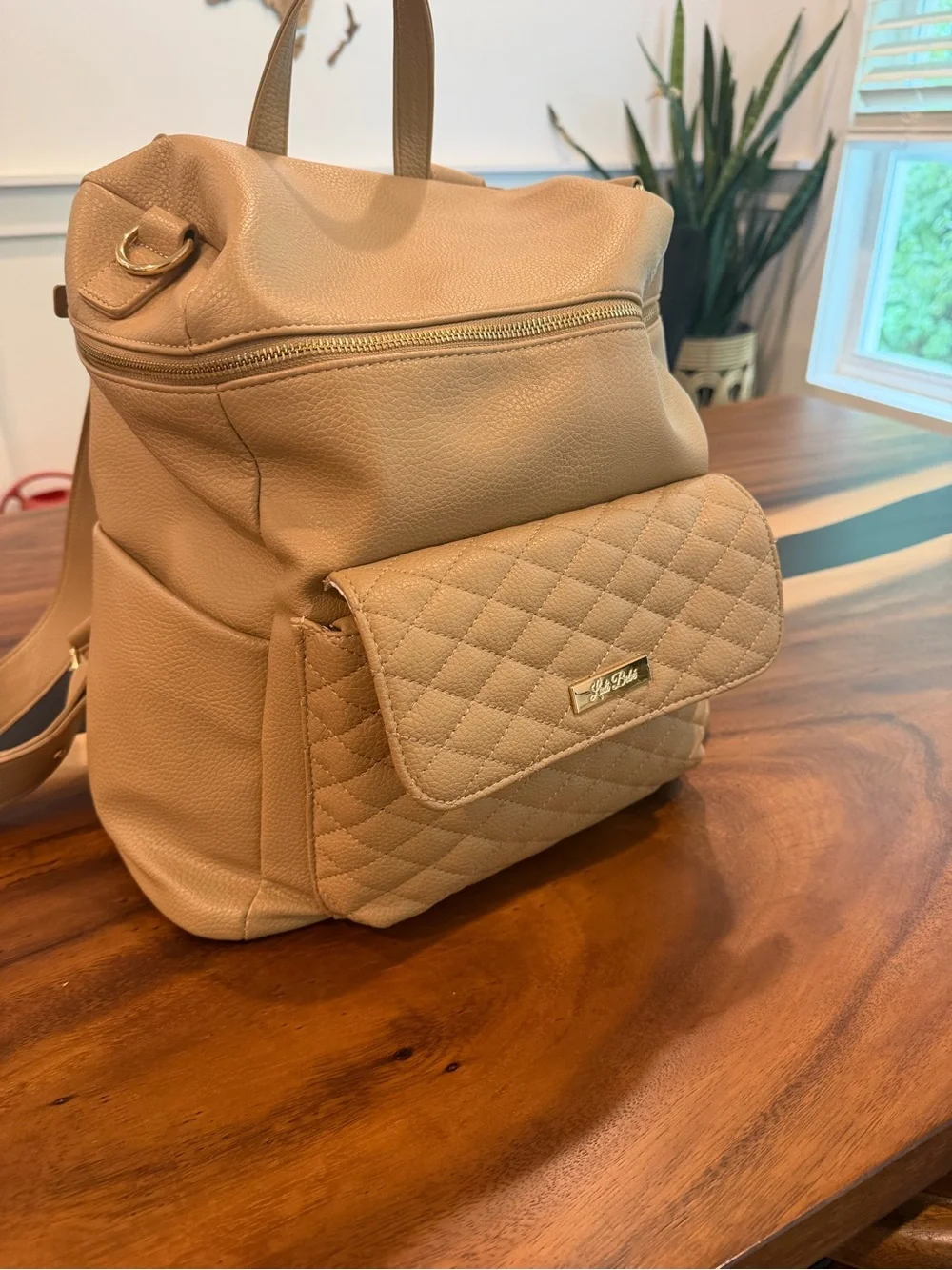 Quilted Front Pocket Baby Backpack Bag - Tan